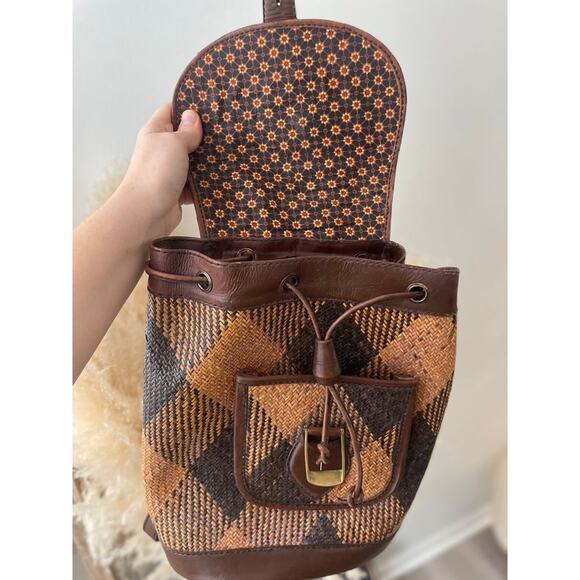 Vintage Plaid Woven Straw Backpack Brown Tan Bohemian Cottagecore Western main image 5